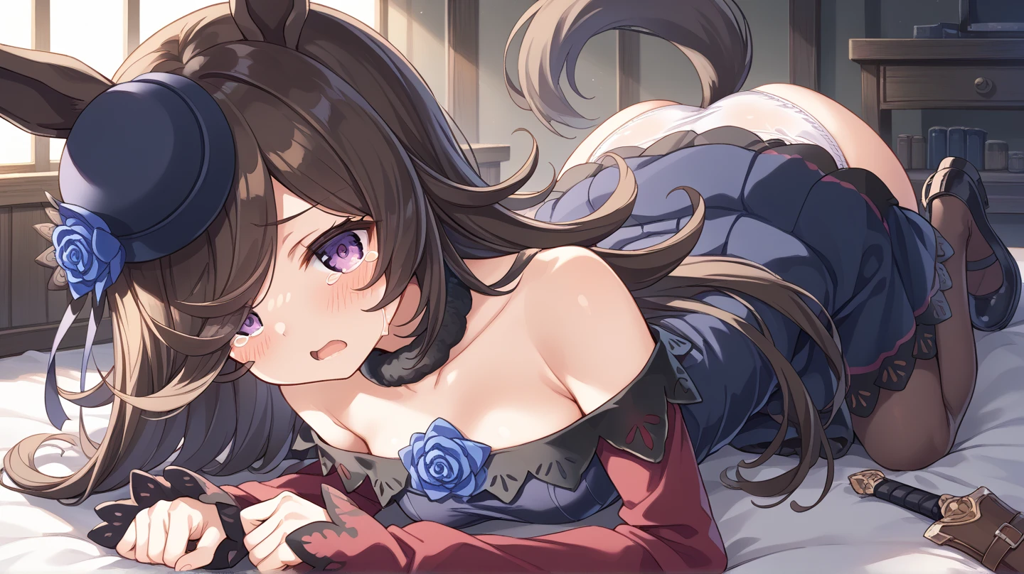 (table top.highest quality).(dynamic angle). (CG painting with very impressive details),(perfect image)、comic strip.shape.(((girl with small breasts lying on the bed))).detailed face、perfect face.delicate face、A small-breasted girl wearing a delicate dress、shiny skin、black hair.length、(Umamimi Girl)Umamimi Girl、((beautiful blue eyes)).delicate and beautiful eyes、fine eyes、Reflected eyes、smile.(look at the audience:1.3).(face is a little red:0.8)、8k wallpaper、cowboy shot、reflected light、most detailed、Complex、Bedroom背景、beautiful skin、fine skin、(super resolution)、((wearing a dress:1.3))、indoor((Bedroom))、