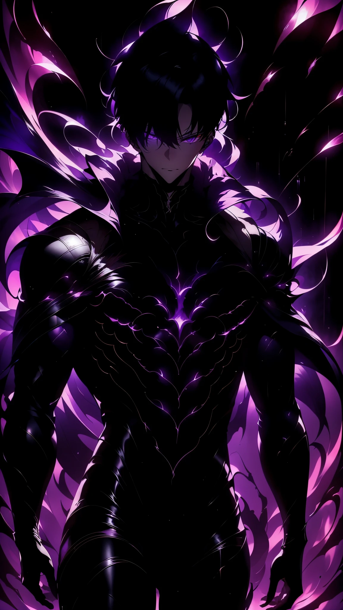 Super-detailed 8K masterpiece full-body portrait of a lone male assassin character inspired by Kaneki Ken in Tokyo Ghoul, laugh confidently, cruel, in the art style of Solo Leveling. short black hair, glowing purple eyes, pale skin , cinematic light, Strong depth of field. Black hood, rain drenched, standing alone in dark Tokyo cityscape. Hair partially covering the face, gaze attentively looking at the viewer, somber and dramatic expression. luxurious fabric motifs on clothes, ray tracing reflection, extremely sharp detail, high contrast shadow, serene atmosphere. Solitary focus, aesthetics of the core male protagonists, anime style with a modern touch, Strong.