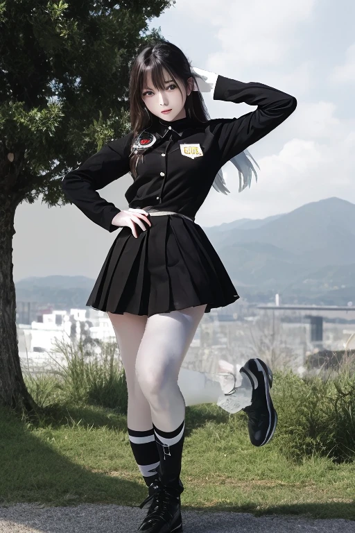 Heroine girl, black uniform, cute skull design on uniform, venon style uniform, long flowing hair, snow boots, comic book style, smile, semi-strong, cute and charming