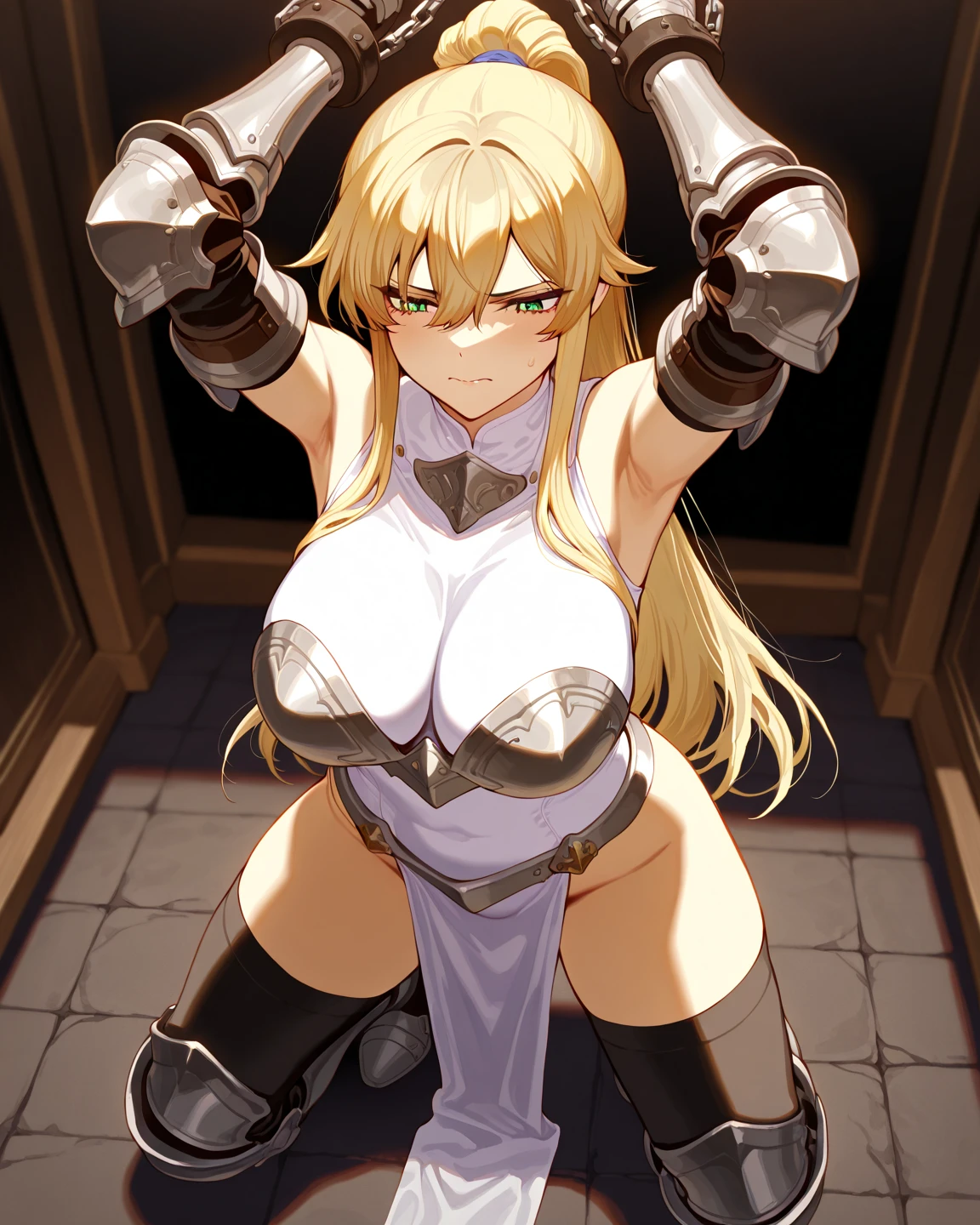 LeinaQuiron woman, 1girl, solo, breasts, blush, blue eyes, blonde hair, large breasts, cleavage, braid, hairband, armor, twin braids, side braid, short hair with long locks, buckle, shield BREAK (masterpiece, best quality:1.3), 4k, ultra-detailed, trending in pixiv, detailed background, BREAK (in the village, countryside, scenery:1.4), BREAK (standing, from side, looking up, relaxing, arms up:1.3), smile, closed eyes, (sweat, shiny skin:1.2)
