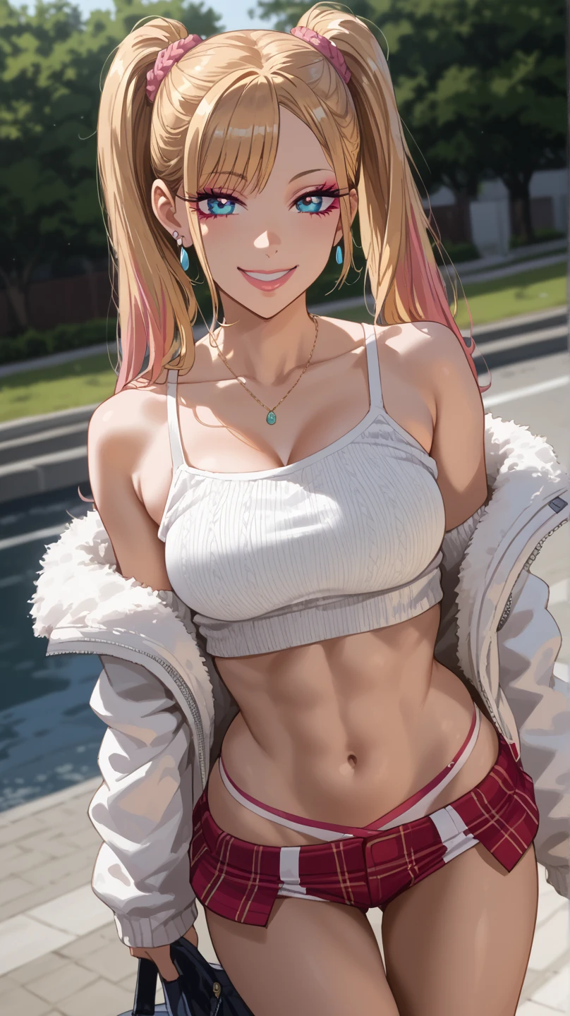 (anime),(animation),GAL,Medium hair, (single braid hair:1.3), beveled bangs, two-tone hair, blonde hair, pink hair, round face, red eyes, (drooping eyes),((tareme)), [black skin],light smile,((cute)),1 girl,solo,(cardigan:1.3),cleavage cutout