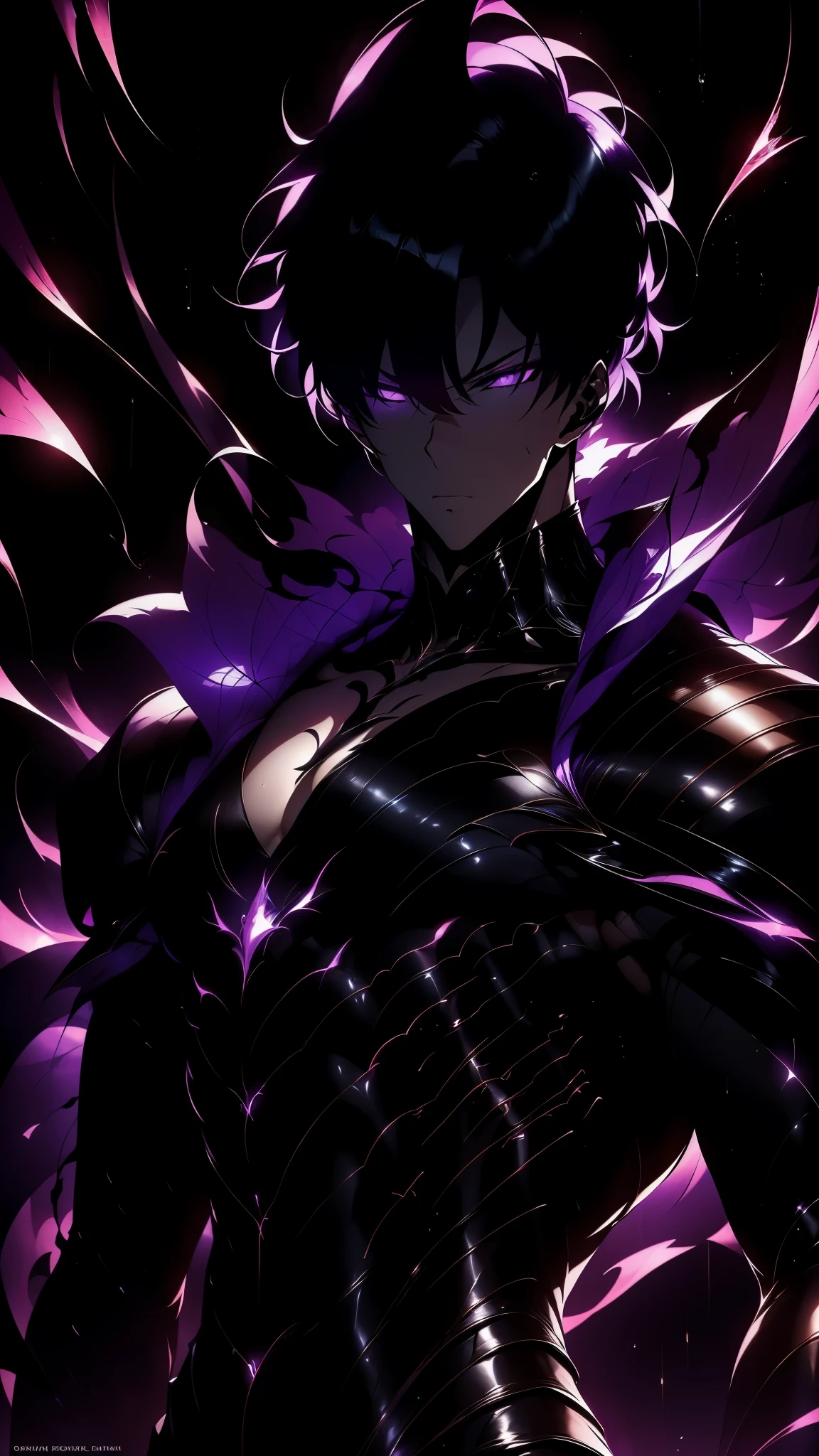Super-detailed 8K masterpiece full-body portrait of a lone male assassin character inspired by Kaneki Ken in Tokyo Ghoul, laugh confidently, cruel, in the art style of Solo Leveling. short black hair, glowing purple eyes, pale skin , cinematic light, Strong depth of field. Black hood, rain drenched, standing alone in dark Tokyo cityscape. Hair partially covering the face, gaze attentively looking at the viewer, somber and dramatic expression. luxurious fabric motifs on clothes, ray tracing reflection, extremely sharp detail, high contrast shadow, serene atmosphere. Solitary focus, aesthetics of the core male protagonists, anime style with a modern touch, Strong.
