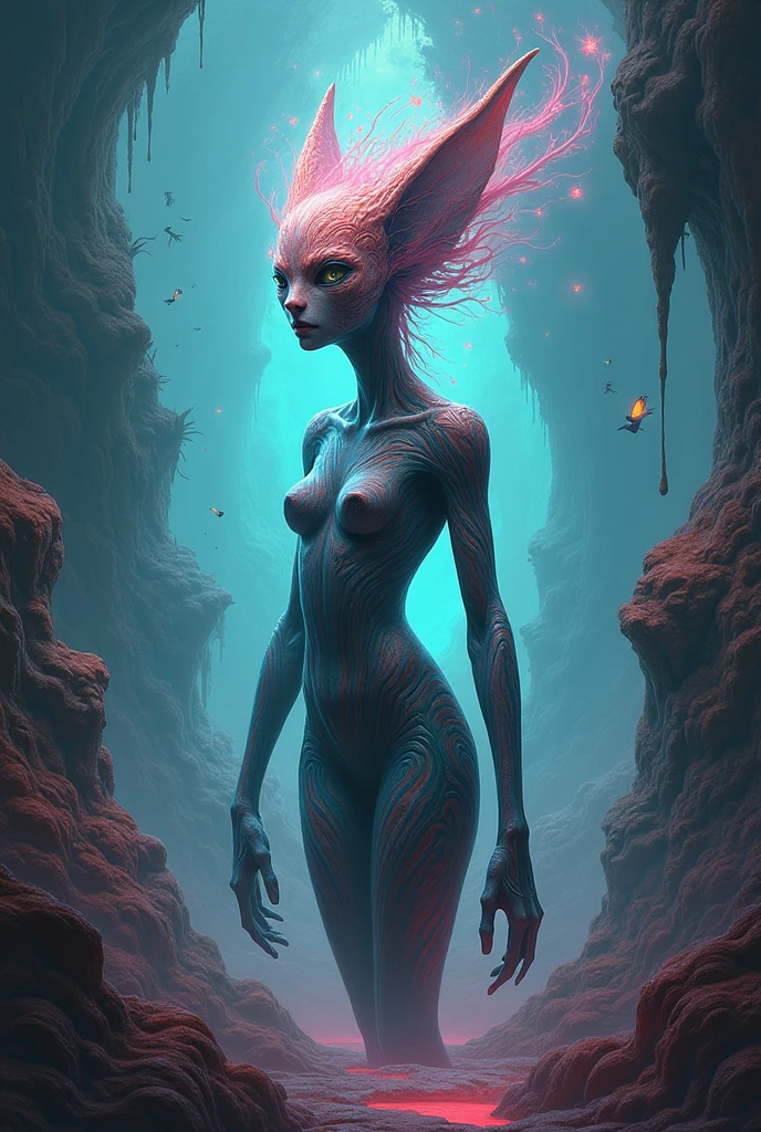 A mesmerizing, hyper-realistic masterpiece by Esao Andrews featuring a unique girl morphine shark creature like no other. The sharkgirl, with her slender, bioluminescent body, is a stunning sight to behold, adorned with multi-colored neon dots that glow brilliantly. Her translucent skin reveals her complex internal structure, while her small, round appendages function as arms, tenderly embracing her otherworldly fish-like face. Esao Andrews' exceptional artistic skills transport the viewer into a world of wonder and mystique, where this enigmatic creature captivates the imagination.