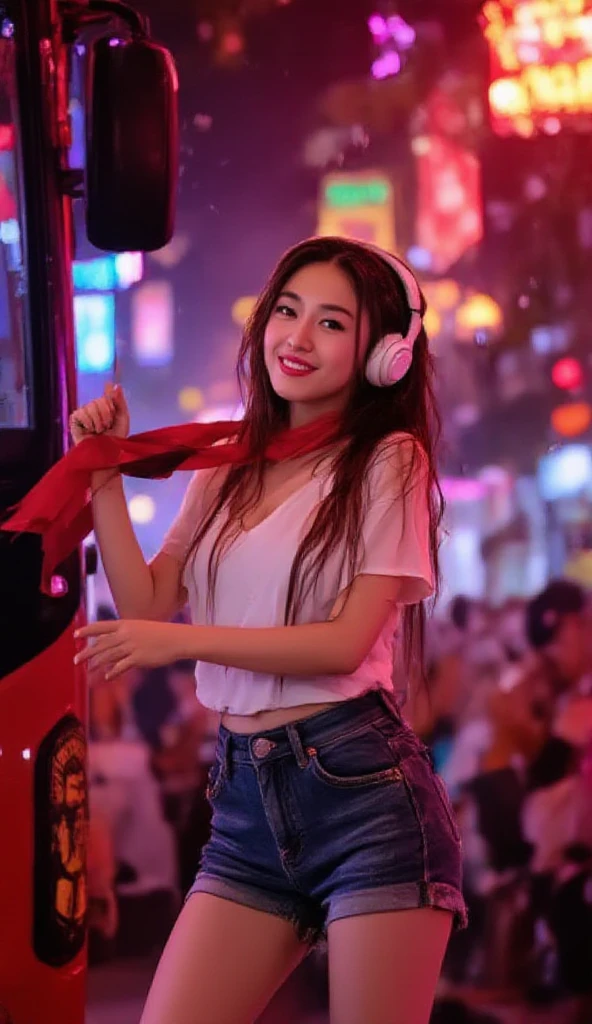 night、Girl listening to music in a cozy room, Use headphones, 2D Style Anime, Rain outside the window、Analog Color Theme、Ghibli style、neon, close up, detailed background, chill, rain outdoor, detailed face, smile, long hair, large breast, white crop,((crop top)), crop, city light, bare shoulder, detailed armpit, cleveage, nipple