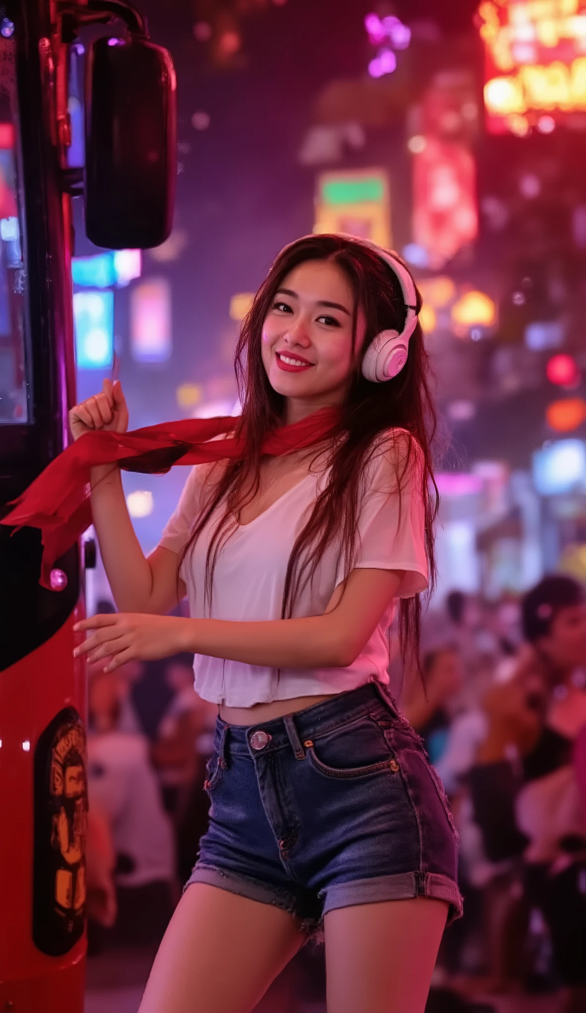 Cute Asian DJ girl dancing confidently on a big red and black bus covered with ManchesterUnited FC design. She is wearing a white top, cute butt cheek-revealing denim shorts, tights, and white DJ headphones. Her long hair is wet, happy, swaying as she moves to the rhythm. The crowd below at Khao San Road is arguing with water. Red scarf waving and music. Water drops flying in mid-air, caught in the colorful lights. Cinematic view. 8K clarity. Songkran Festiva IMG_1234.NEF