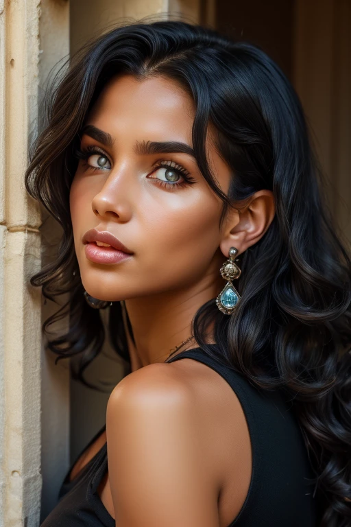a close up of a woman with long black hair wearing a blue dress, photo of a beautiful woman, gorgeous woman, portrait of a beautiful model, teal lights, turquoise eyes, gorgeous beautiful woman, gorgeous latina face, sexy face with full makeup, beautiful mexican woman, exotic eyes, turqouise, soft portrait shot 8 k, beautiful female model, turquoise