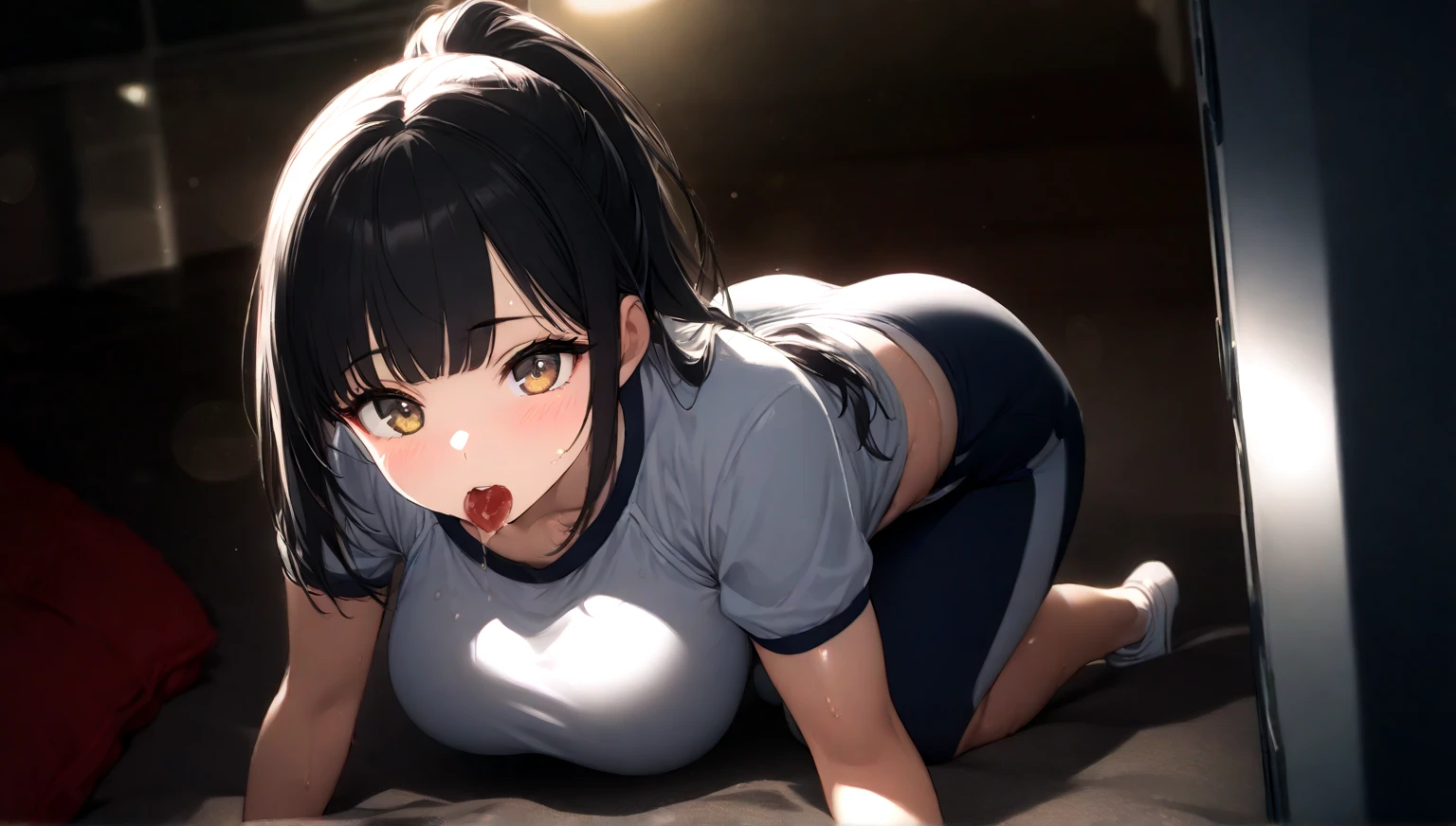 nsfw, (POV oral sex with cum:1.3), (deep throat:1.3), (intense perfect fellatio:1.2), :>=, (1boy, full by:1.2), a pure innocent girl, very cute face, like a idol, blush, (school uniform:1.1), look up at viewer with lovingly gaze, arms behind the back, in front of 1penis with between viewer's legs, (mouth on the viewer's crotch completely:1.3), (perfect keeling under the desk completely, body is perfect into the desk, face come out from under the desk:1.3), (face focus:1.2), (viewer is sitting, bare viewer:1.2), (under the desk with depth:1.3), in own room, viewer's legs in the picture, from above,