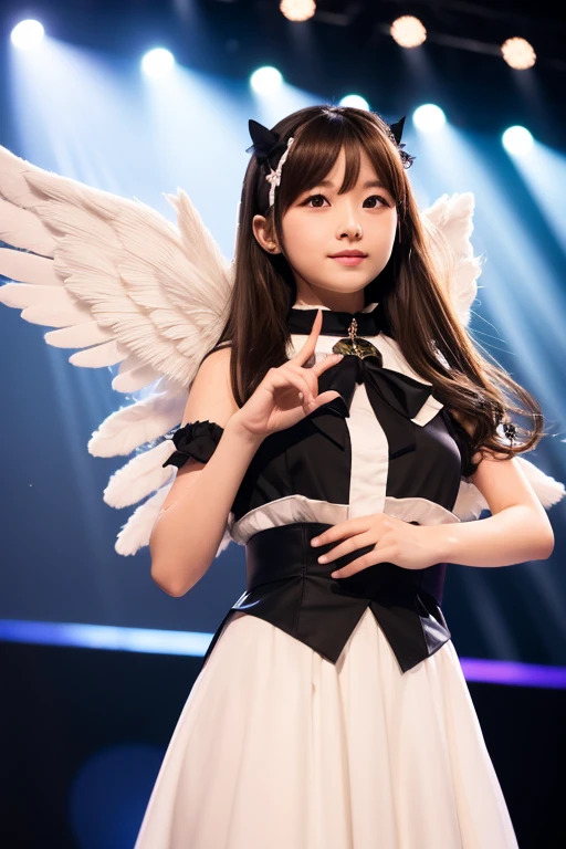 tmasterpiece, Best picture quality,perform,Concert,Sing,A beautyful girl, Detailed eyes, Swollen eyes, brown hair, long whitr hair, White skin of the, adolable, Cute legs, short skirt, Korean woman, a asian beauty, rays of moonlight, Powerful eyes, profesional lighting, Bright lighting, 二重まぶた, Slim, Korean woman, a asian beauty, idoly, Checked jacket, Short plaid skirt, Ribbon-shaped tie, ssmile, sweat leggs, fresco, live stage, hair adornments, Korean idol costumes,idol audition,sparkling outfit,the angel's wings,