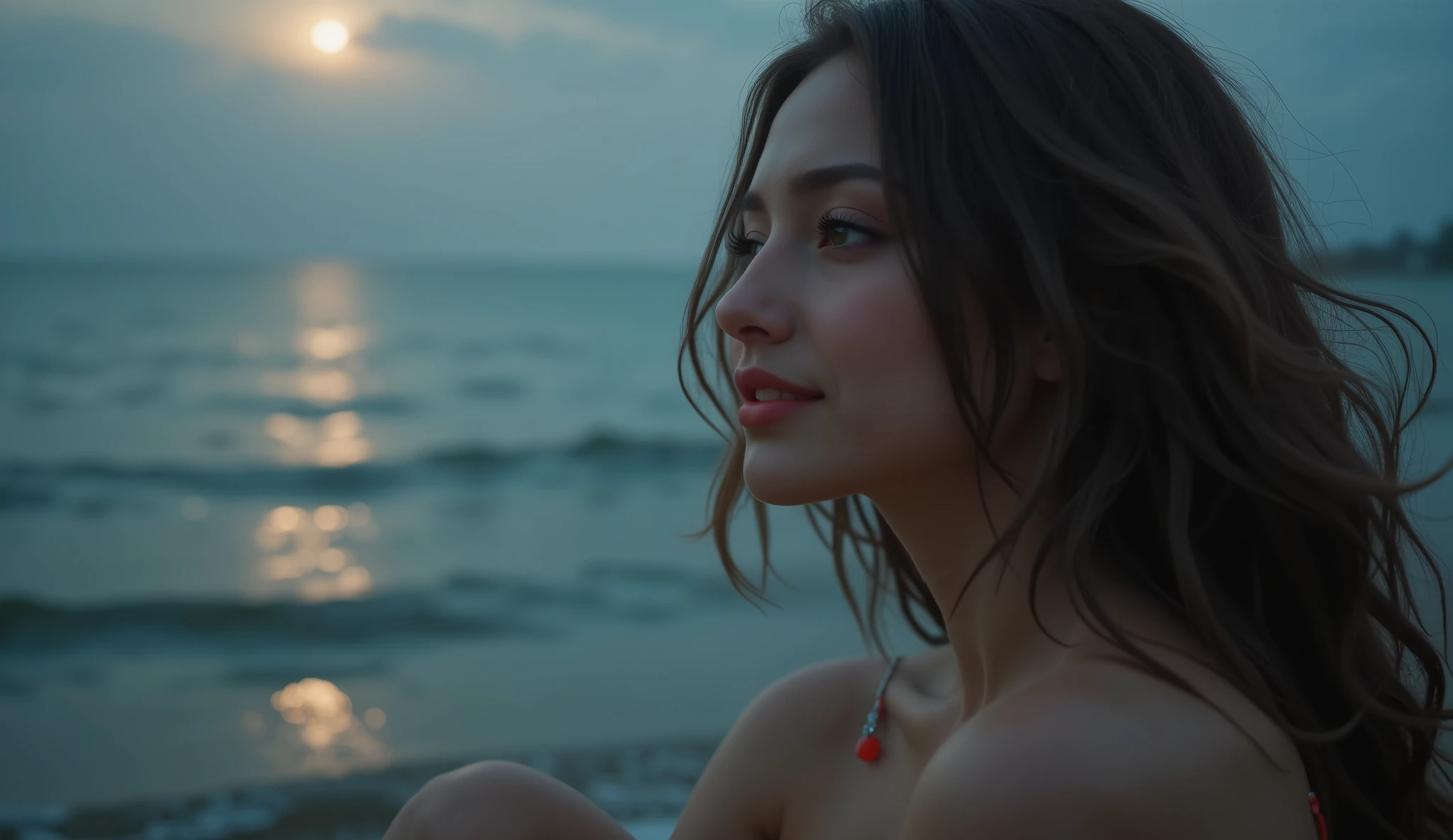 A close up shot of gently smiling red glossy lips of a woman sitting near a sea shore, reflecting the moon light. Her wavy hair dances gently.
