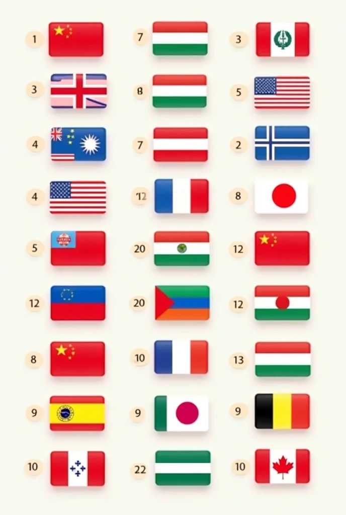 Give me a poster to teach countries in English with flags and monuments that represent each country represented on the flags