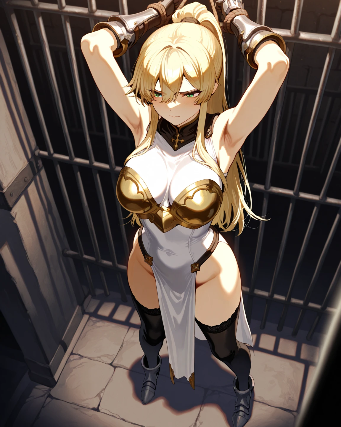 Android 18 from Dragon Ball naked in a laboratory, orders, chained, beaten, frown