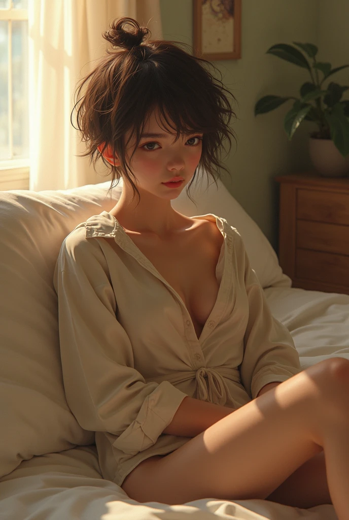 (masterpiece, Highest quality:1.2), One girl, alone、Bed in the room, Men's dress shirts, White panties、Waking up、Body lines are visible、whole body、I can't see the body、No bra、Japanese、sunlight