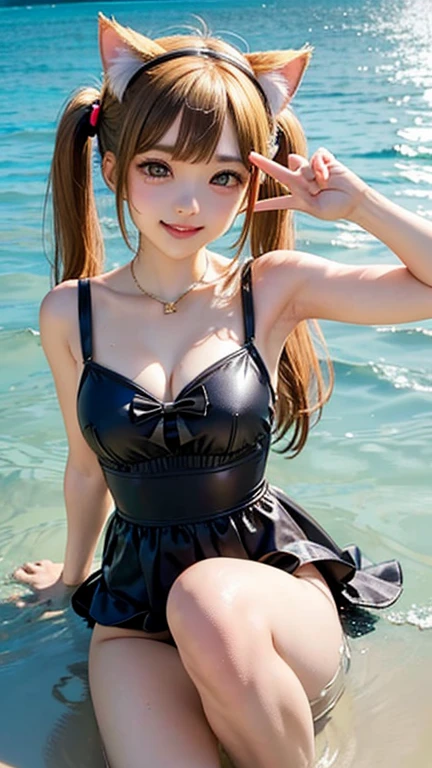 girl, White skin, ((Dark brown short tiered hair)), V cut with layers and bangs, Brown eyes, Soft atmosphere characteristics (Highest quality, 超High resolution, 8K, RAW Photos, 超High resolution: 1.2, masterpiece: 1.3), (Realistic, Realistic: 1.37), Very detailedな, Professional Lighting, Photon Mapping, Radio City, Physically Based Rendering, One Girl, （high school girl）, Sharp focus:1.2、Beautiful woman:1.4,cute, Nice, Adorable, smile, Normal chest, necklace、(Cleavage)、((Gothic Lolita Fashion、Pink and black gothic swimsuit、red))、Earrings,ring、意地悪なsmile, (Absurd, High resolution, Very detailed)、(fine grain)、(Detailed facial features)、(Detailed clothing features)、Beautiful Skin、(Glowing Skin)、身で美しいgirl)、(Beautiful leg lines)、One Girl、(Full Body Shot)、cute、Smile、Pool、Selfie、