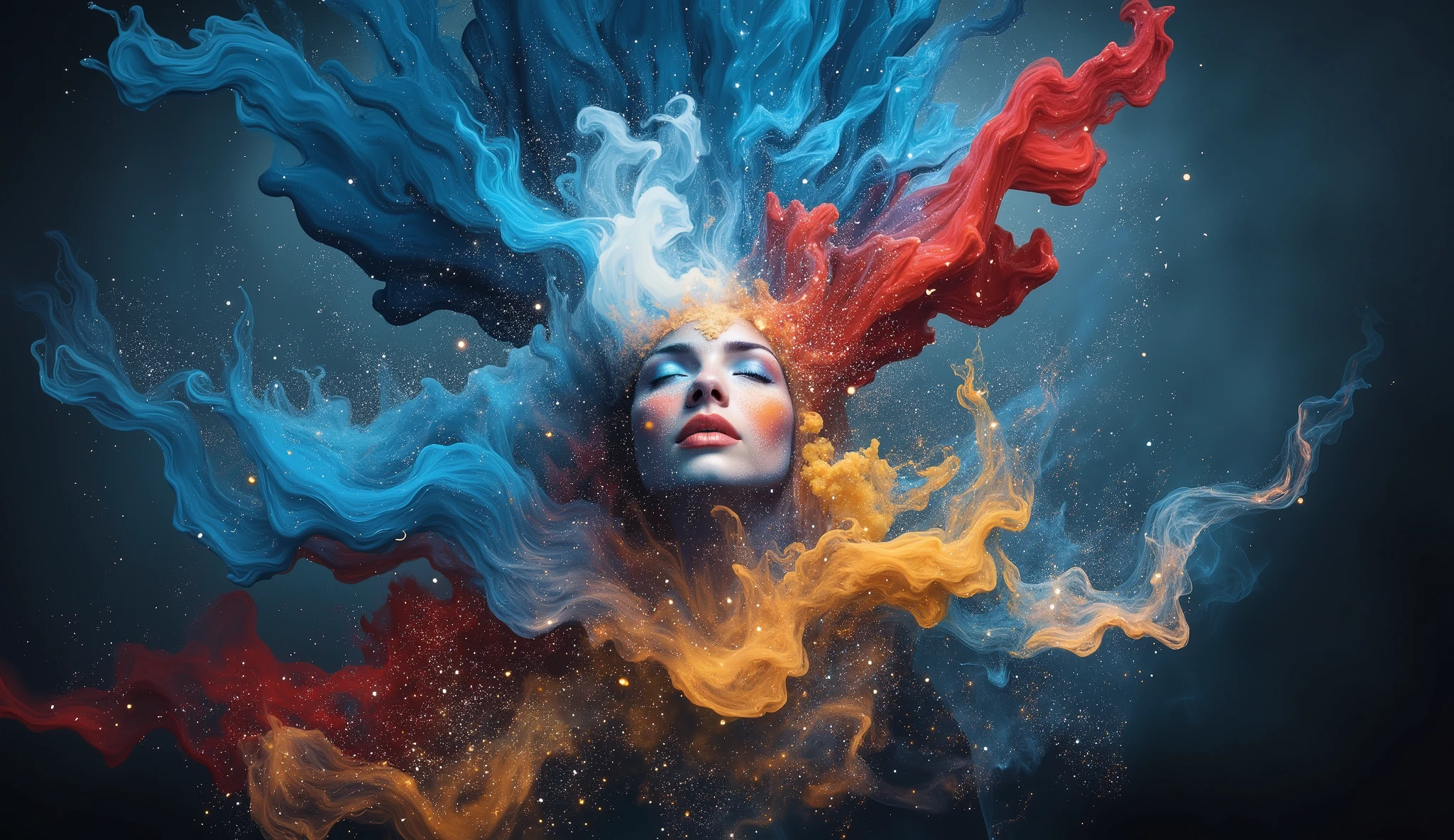 surreal fantasy, watercolor, digital paint, an ethereal image of a woman falling apart in smoke in the colors blue, red and yellow. in the background the city at night, with all lights on, on dark background . 