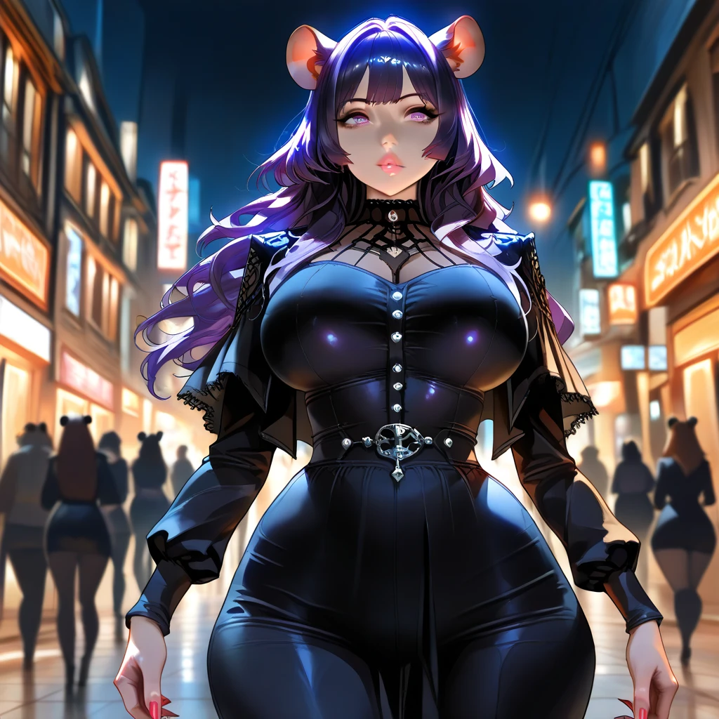 (masterpiece, best)), (1girl), (mature woman), Purple hair, open-chest seduction, flared, (twin mobster lady), bangs, medium breasts, glasses lady, (full), slim, smile, [wide hips], standing, 8K picture quality, sexy seduction, (open-chest) (Sharp focus: 2.0), (sharp focus:1.5), (beautiful face:1.1), (eye makeup:1.2), (tight body:1.2), wearing (mafia dress:1.2) (the office:1.2). (sunset lighting:1.2), ((Masterpiece)), (highest quality))), (Character design sheet, national costume, same character, front, side, back), (enter city background: 1.3) ( Masterpiece:1.2), (Best Quality:1.3) (best quality:1.1) realistic:1.37 long, flowing:1.1 luscious, plump:1.1 sparkling sequins:1.1 subtle, Orange:0.9 soft, warm:1.1 best quality,4k,8k,highres,masterpiece:1.2, realistic,photorealistic,photo-realistic:1.37, ultra-detailed:1.1 busty animal ears, beautiful, detailed ears:1.1 best quality, 4k, highres, masterpiece:1.2 detailed, piercing eyes:1.1 4k, 8k, highres, masterpiece:1.2 very three-dimensional: 1.2 (8k, best quality, masterpiece:1.2 ((masterpiece, best))