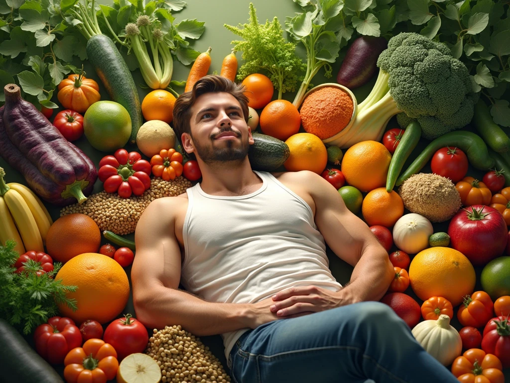 A man naked lying on the bed with fruits around him, a black hair man with glittering skin and beautiful eye and kissable lips, right anatomy, symmetrical body, huge penis, Asian man, big dick, full of fruits around him
