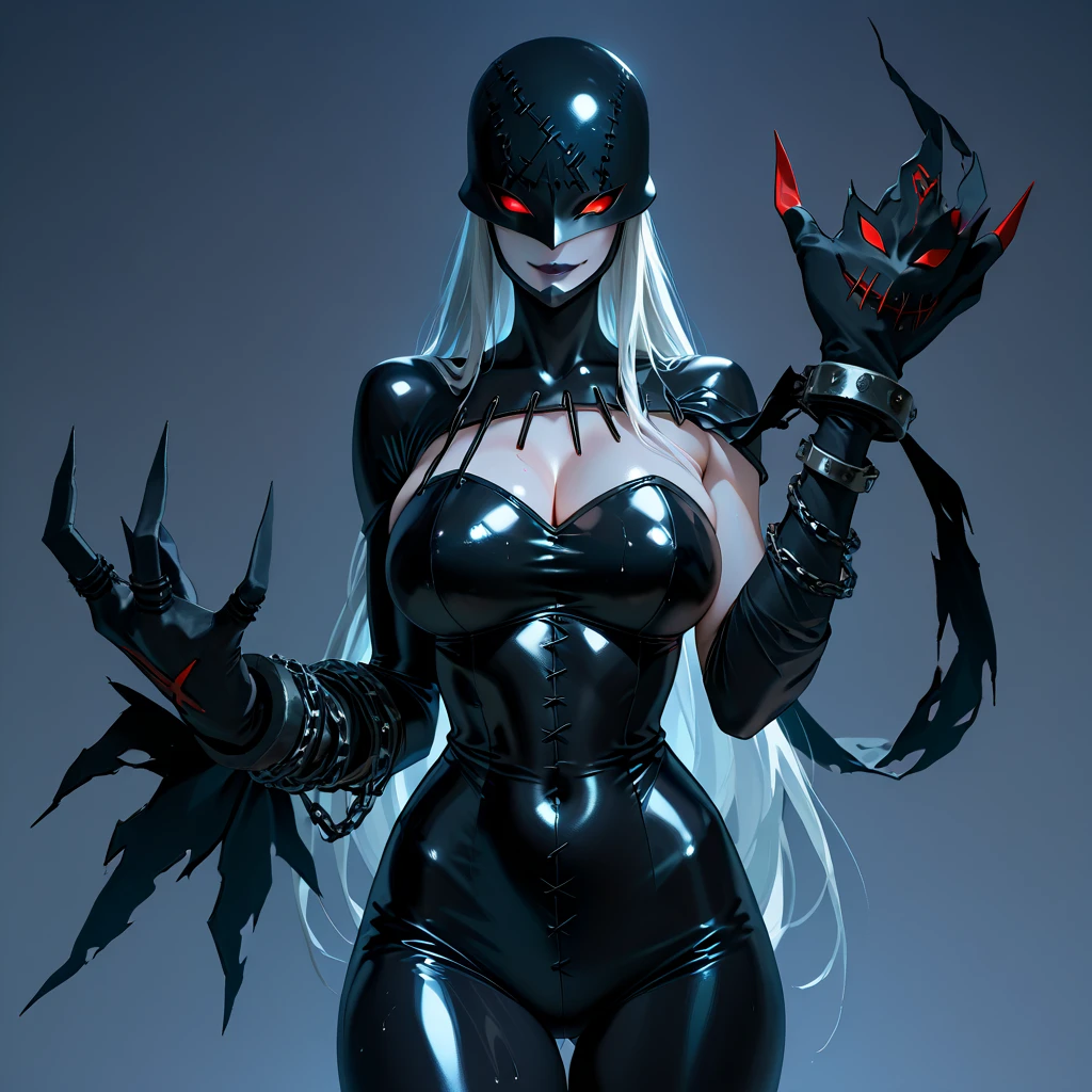 Very Muscular Female with Dark-Grey Skin, Vampire Fangs, Red eyes with orange-glowing irises and Japanese Letters glowing Orange on face, Large Black Horns on head, Deep Battle Scars, Platinum-Blonde Long Hair, Very Curvy, looks somewhat like a man, Black outfit
