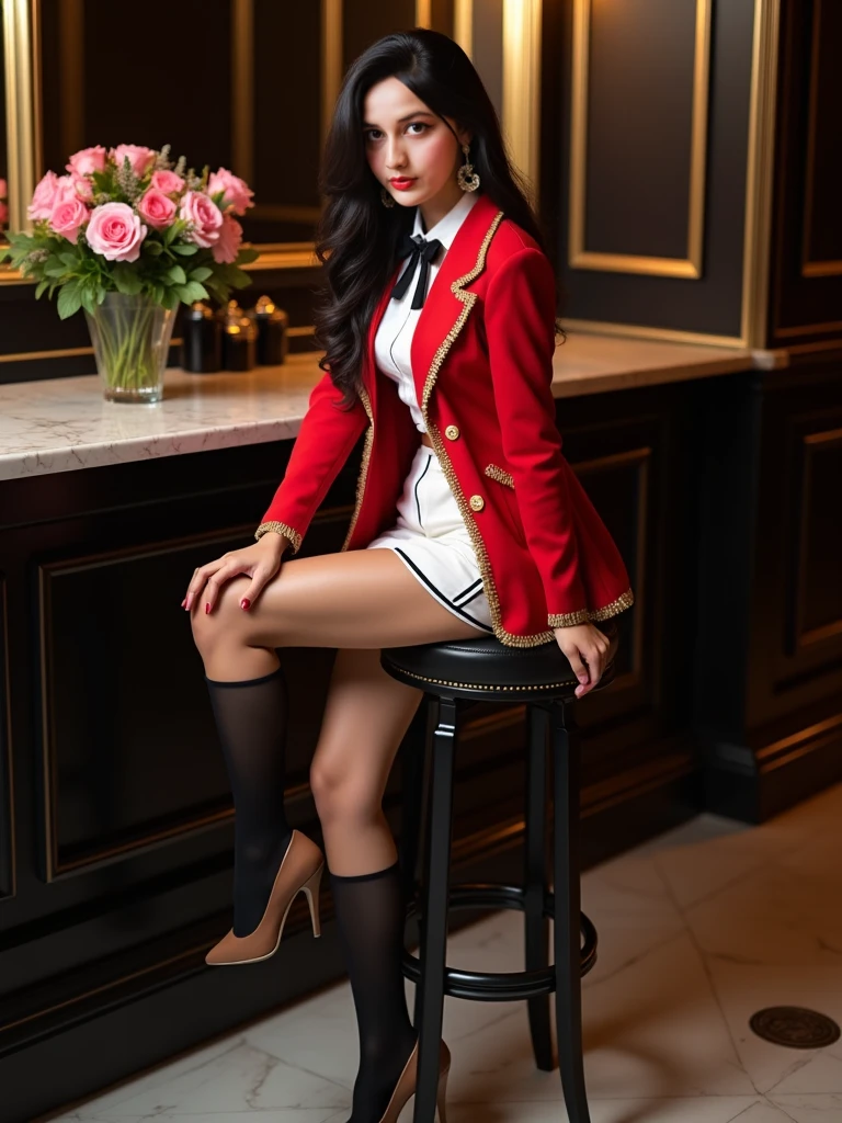 Sexy russian girl wearing school uniform skirt belly visible hot thighs black uniform sitting upward chair 