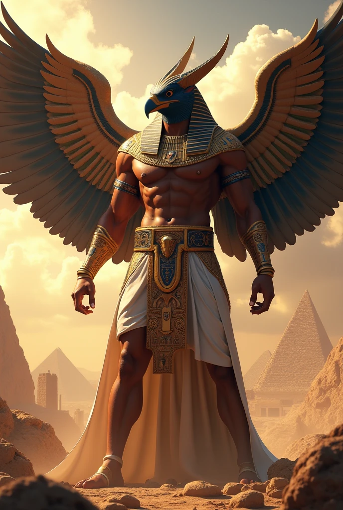 A delicate 3D CGI game-like depiction of an ancient Egyptian deity floating majestically above the desert with the pyramids below. The deity has a bird-like head resembling a penguin, facing forward, dressed in traditional ancient Egyptian attire: a green tunic and yellow skirt, with a detailed blue and gold striped headdress. The skin appears as polished stone or bronze, mimicking ancient Egyptian art. In one hand, the deity holds a meticulously crafted staff, and in the other, a gold ankh symbol. Above the deity’s head, a glowing red sun disk with a coiled golden cobra hovers. The figure is enormous, with wings spread wide, floating in the Egyptian desert sky with the sun behind, casting an awe-inspiring halo around it. Below, the pyramids are dwarfed by the deity's colossal size. The background features a vast desert landscape, with a fierce sandstorm swirling across the land, adding to the dramatic and otherworldly atmosphere. The overall style is finely detailed, reflecting the precision and texture of high-quality 3D CGI, making the scene feel like an intricate and immersive part of a fantasy game world