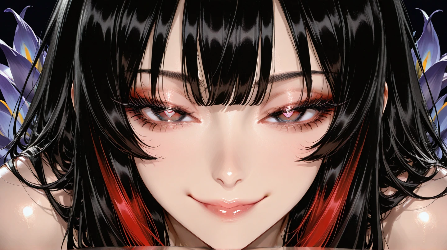 1 girl, black hair, long hair, straight hair, align bangs, red eyes, smile, mouth closed, frontal,