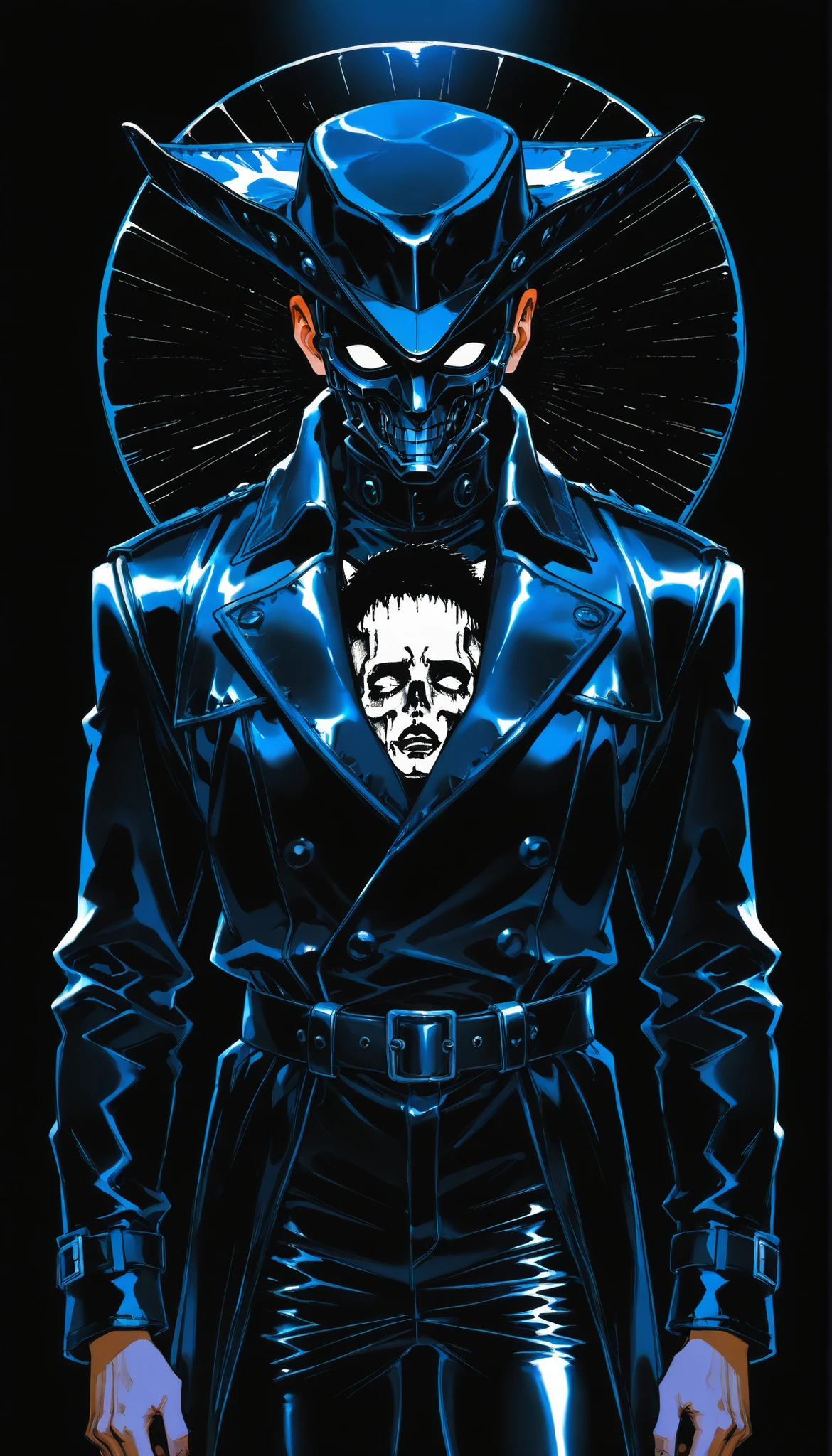 (drawing in white on black),black background,white spots,Abstract,drawing with tempera, Artistic,watercolors,stained,shaded on the background,dramatic lighting,hunter,in black,cara tapada, black leather coat, Long black coat, black leather pants, sombrero de hunter negro, atuendo de hunter, guantes de hunter, pantalones de hunter,  mask,
