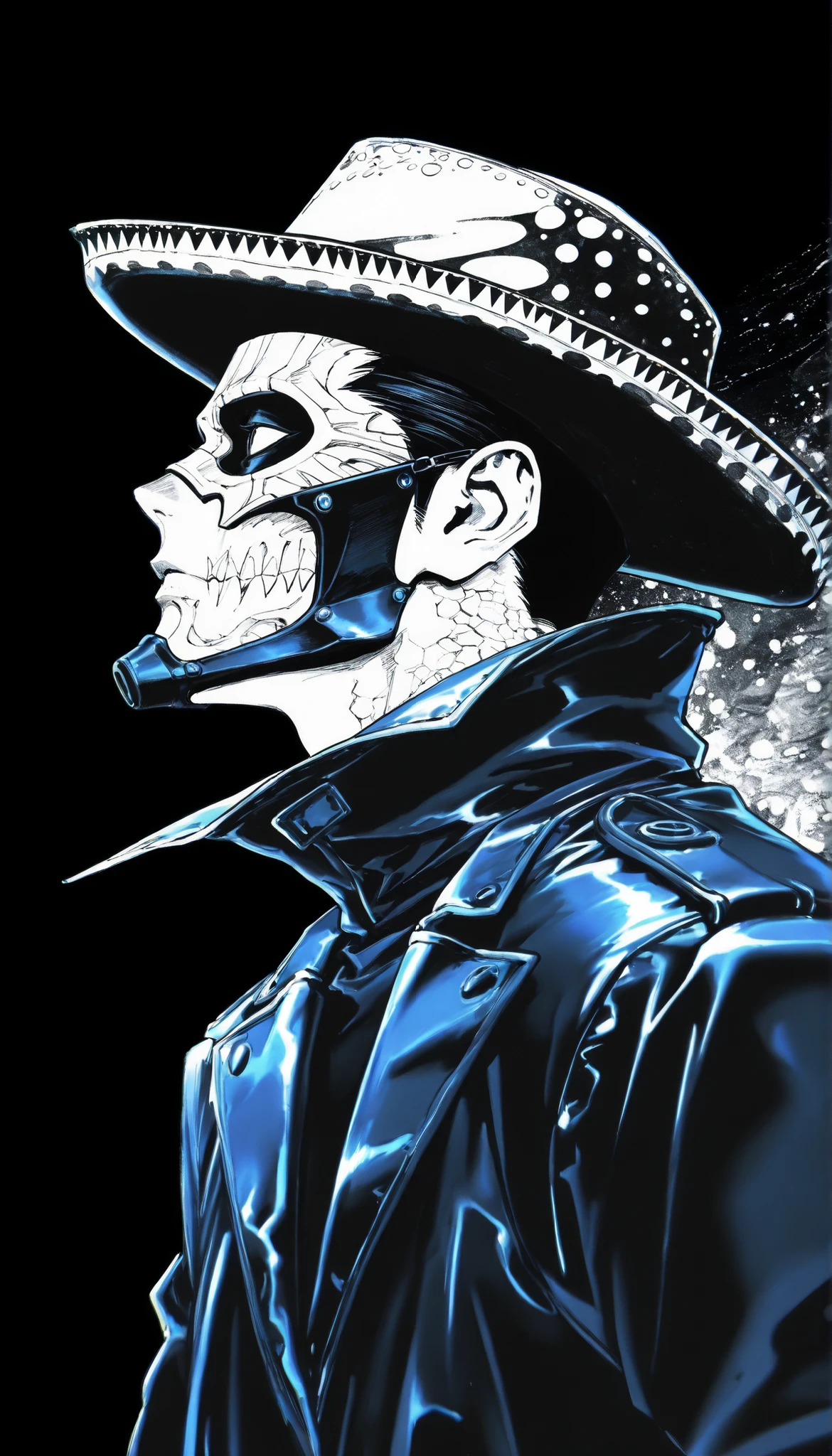 (drawing in white on black),black background,white spots,Abstract,drawing with tempera, Artistic,watercolors,stained,shaded on the background,dramatic lighting,hunter,in black,cara tapada,profile,Portrait, black leather coat, Long black coat, black leather pants, sombrero de hunter negro, atuendo de hunter, guantes de hunter, pantalones de hunter, mask,