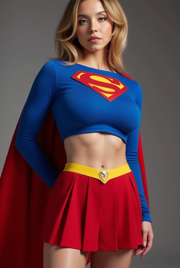 (1girl, solo, masterpiece, 4k,  best quality:1.2, (cowboy shot), best quality:1.2, NICE HANDS, COLORFUL, (perfect hands, perfect anatomy)), 
SUPERGIRL, RED CAPE, BLUE SHIRT, BELT, (PINK BELT), KNEE BOOT, SHORT HAIR, BLONDE, ((RED TIGHT SKIRT+PELVIC CURTAIN)),
(((BIG breasts, big hips, looking at the viewer, TIGHT CLOTHES, SMALL CLOTHES))), (NIPLES UNDER SHIRT), (ABS:0.8), ((underboob)),
((simple background, white background)), <lora:GoodHands-vanilla:1>
