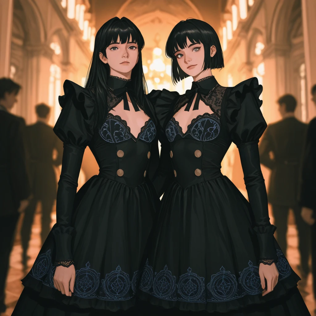 1 young girl, tall, athletic build, European appearance, rectangular-oval face type, sharp chin with dimple, pronounced high cheekbones, straight high nose, wide-set eyes of light green color, high forehead, straight light brown hair of medium length, long neck, small toned chest, dressed in an elegant open black dress, ash-colored skin, standing in the middle of a beautiful ballroom, Baroque architecture.
