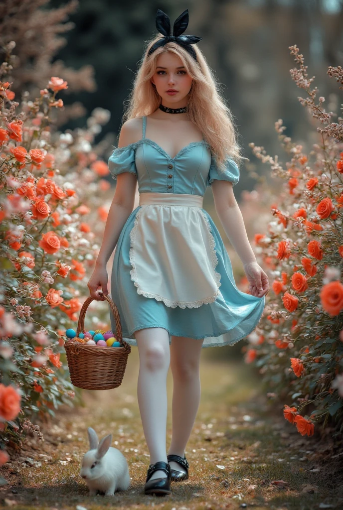 Sexy Alice in wonderland, Character sheet, very sexy woman, diagram, design plans, sexy, pretty, beautiful, full body shot, above head floral crown, under foot soft fluffy green grass, sepia tone paper, aged paper, painted on paper, sketched on paper, hyper-realism, 16k resolution, dehaze,