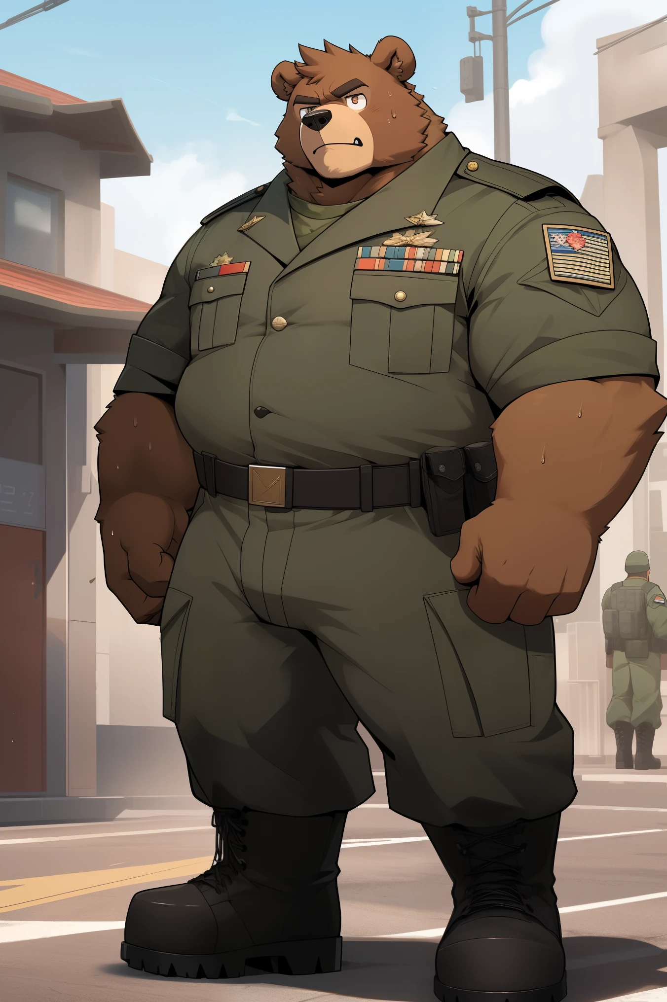 masterpiece, High quality, 8k resolution, very detailed, furry,(((Brown Bear)),((( maturity))),(((Strong))),(((portrait))),((sweat))),For the audience,(((The character is an officer))),((military uniform))),(((characters randomly generated in a location))),highest quality scene,Lonely,Lonely,(((full body))),((to reveal your socks))),(((Fierce))),(((The character has a ferocious expression))),((Fat)),(((Characters come to school as instructors))),(((alone))),(((Strong body))),((())),((the character looks down at me))),(((The character wears military boots))),Tall,strong,large bulge,male underwear
