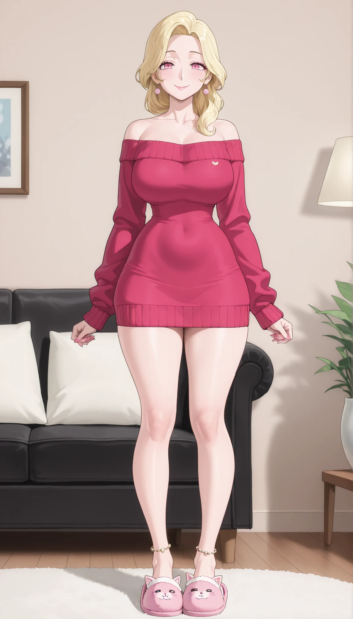 A mature beautiful woman with blond hair, big pink eyes, extremely fair white natural skin, red plump glossy lips, pink nails, a small waist, and a perfect sexy slim yet curvy body. She's only wearing a baggy tube off-shoulder sweater, feet anklets, and slippers. She's standing straight, holding a small kitten in her arms, a kind smile, and a living room is in the background. Show her full body and super hyper-detailed.