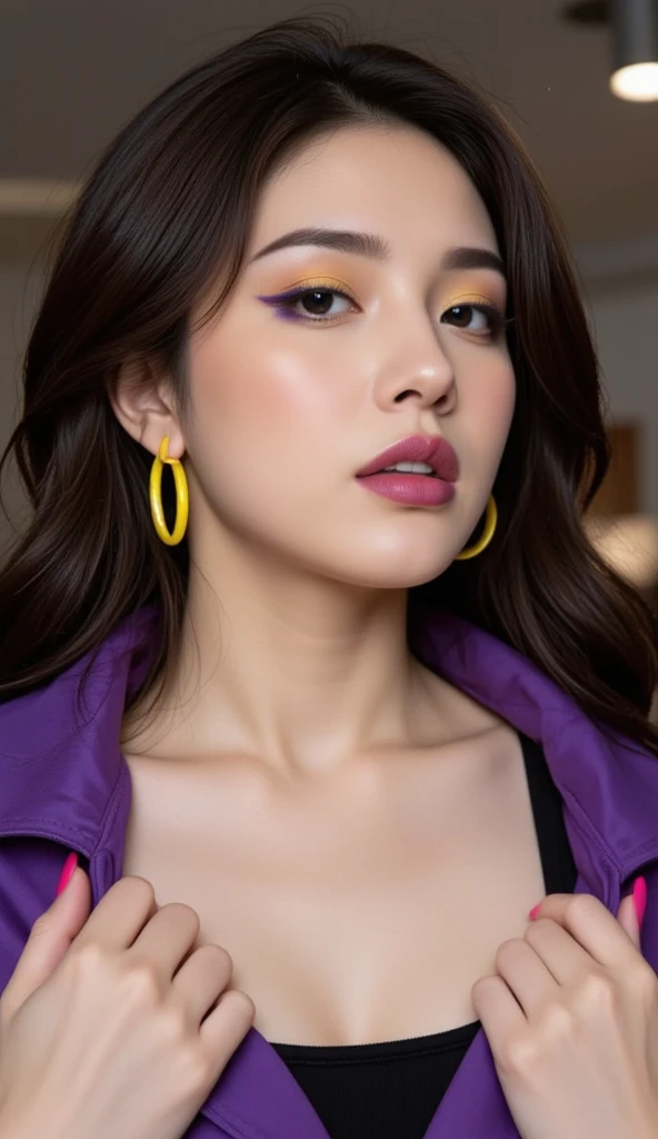 (masterpiece, top quality, best quality, official art, Pretty and beautiful:1.2), (1 Noodle Girl:1.3),(Clear facial features),(black eyes)(high nose)neon,Motion light,Fractal fire, Very detailed content,(Fractal Art:1.1),(rich and colorful:1.1)(Naked:1.3),No facial tattoos,Most detailed,(Tangled:1.2), Full body female, (Fashion show background:1.3), (glowing skin), (Many colors:1.4), ,(Ear nipple rings), (Advantage:1.5),Upper body close-up