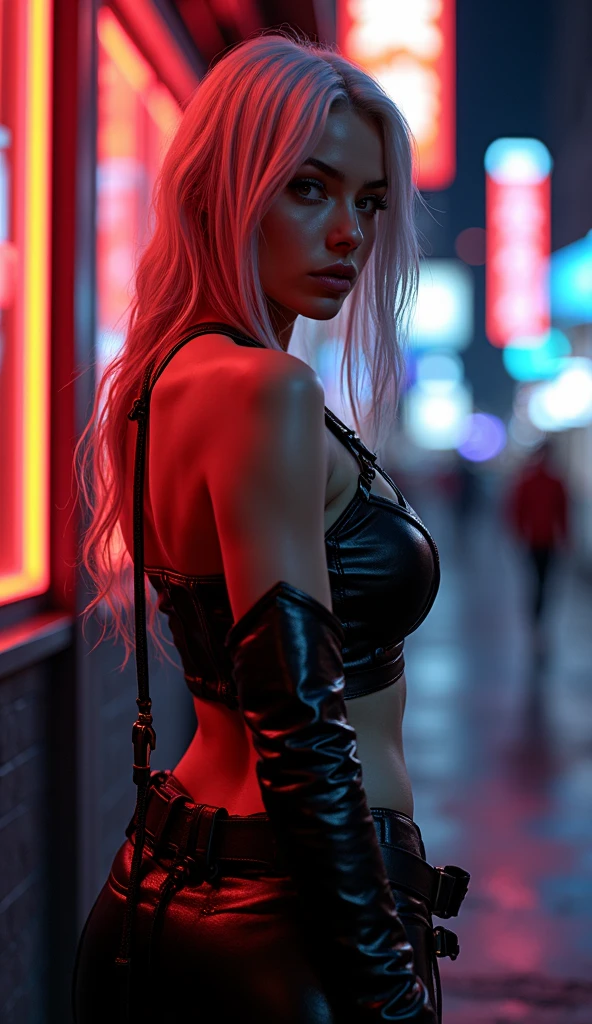 (full body),Gothic woman, blonde, background cyberpunk city, sexly, seminua