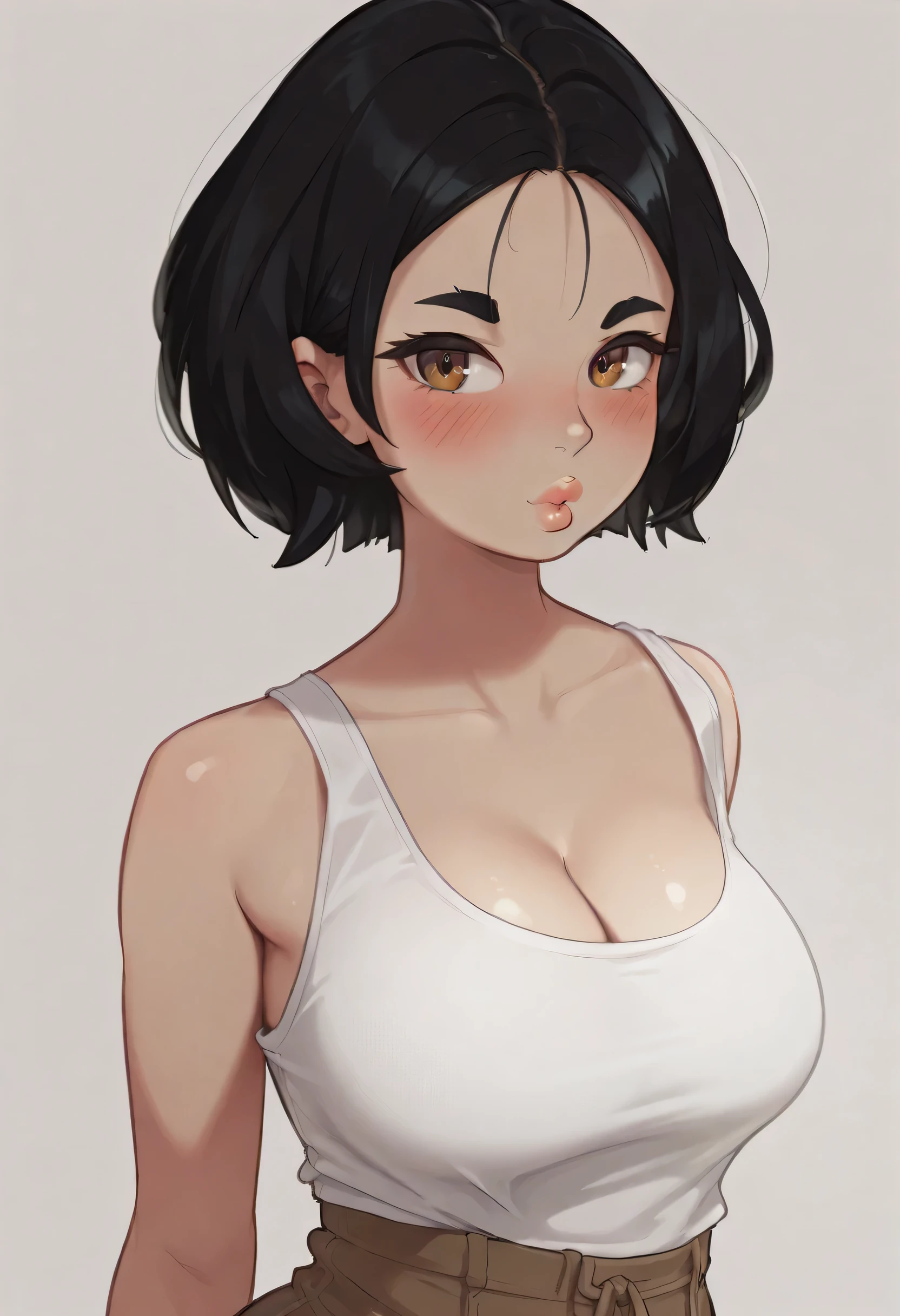 perfect face, black hair, medium hair, bob hair, black eyebrows, thin eyebrows, brown eyes, blush, thick lips, round tank top, white tank top, (large breasts 1.4), from side, looking at viewer, white background