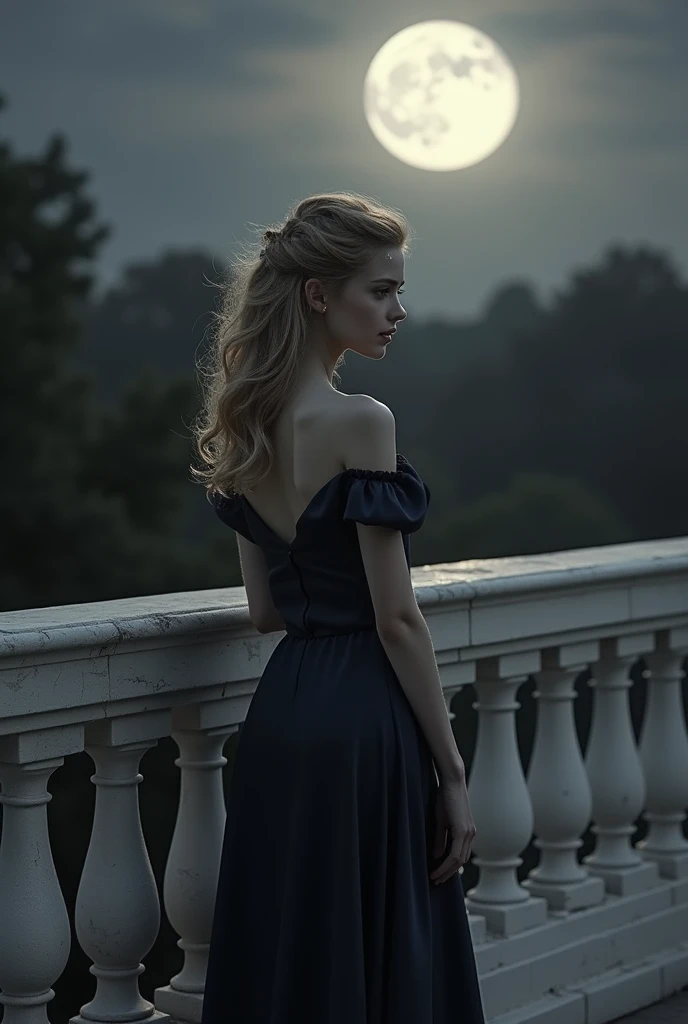 The princess is alone on the white marble balcony, with the full moon ...
