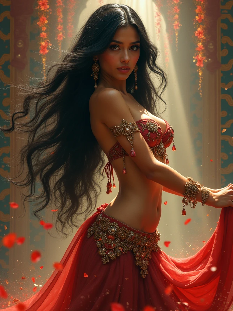 A girl jasmine disney in a in door garden ,beautiful detailed eyes,black hair, black eyes, persian beauty, beautiful detailed lips,extremely detailed eyes and face,longeyelashes,3D rendering,ultra-realistic,highres,(best quality,4k,8k,masterpiece:1.2),portrait, lush greenery, vibrant colors, soft sunlight. Acient persian female dress, big breast, round hips, hair in a long ponytail, perfect eyes, looking on camera