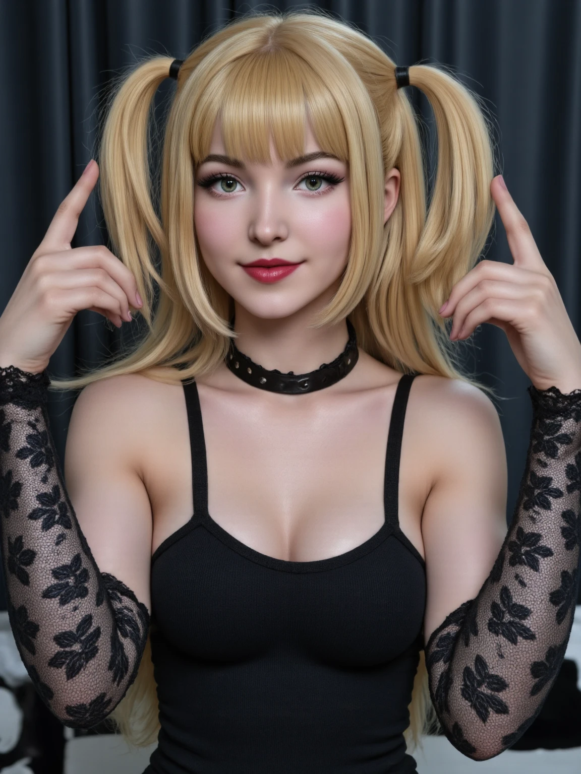punctuation_9, punctuation_8_High above, punctuation_7_High above,punctuation_6_High above, punctuation_5_High above, punctuation_4_High above , breasts big, 1 girl, standing alone, hollow, hollow,makeHigh above, hair blonde, bangss, side locks, thick eyebrows, hair between the eyes, curved, collant branco, choker, thigh boots, cutaneous dentition, pub \(place\), neon lights, light particles, looking ahead at viewer,