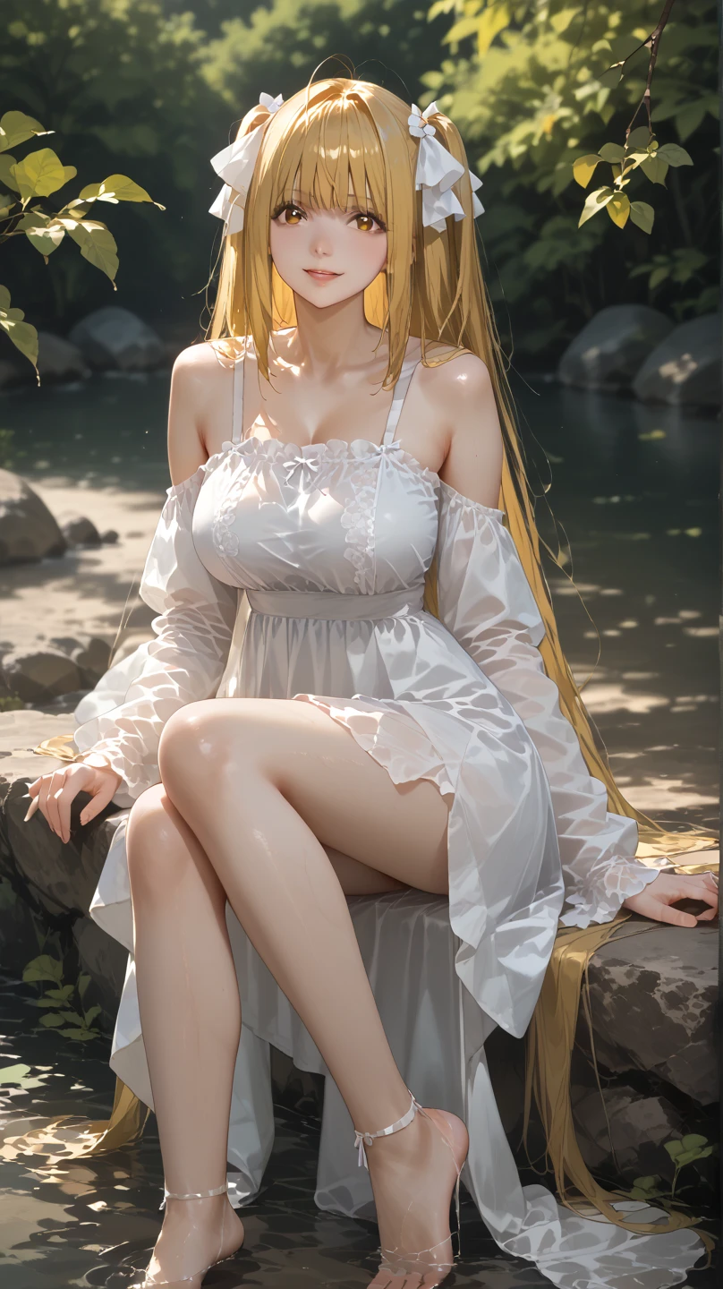 Light blonde haired anime girl high ponytail long hair with pale bluish violet eyes wearing pale gold and pink dress flowy with simple gold jewelry, simple gold circlet in her hair, under golden sunlight surrounded by plants and fireflies