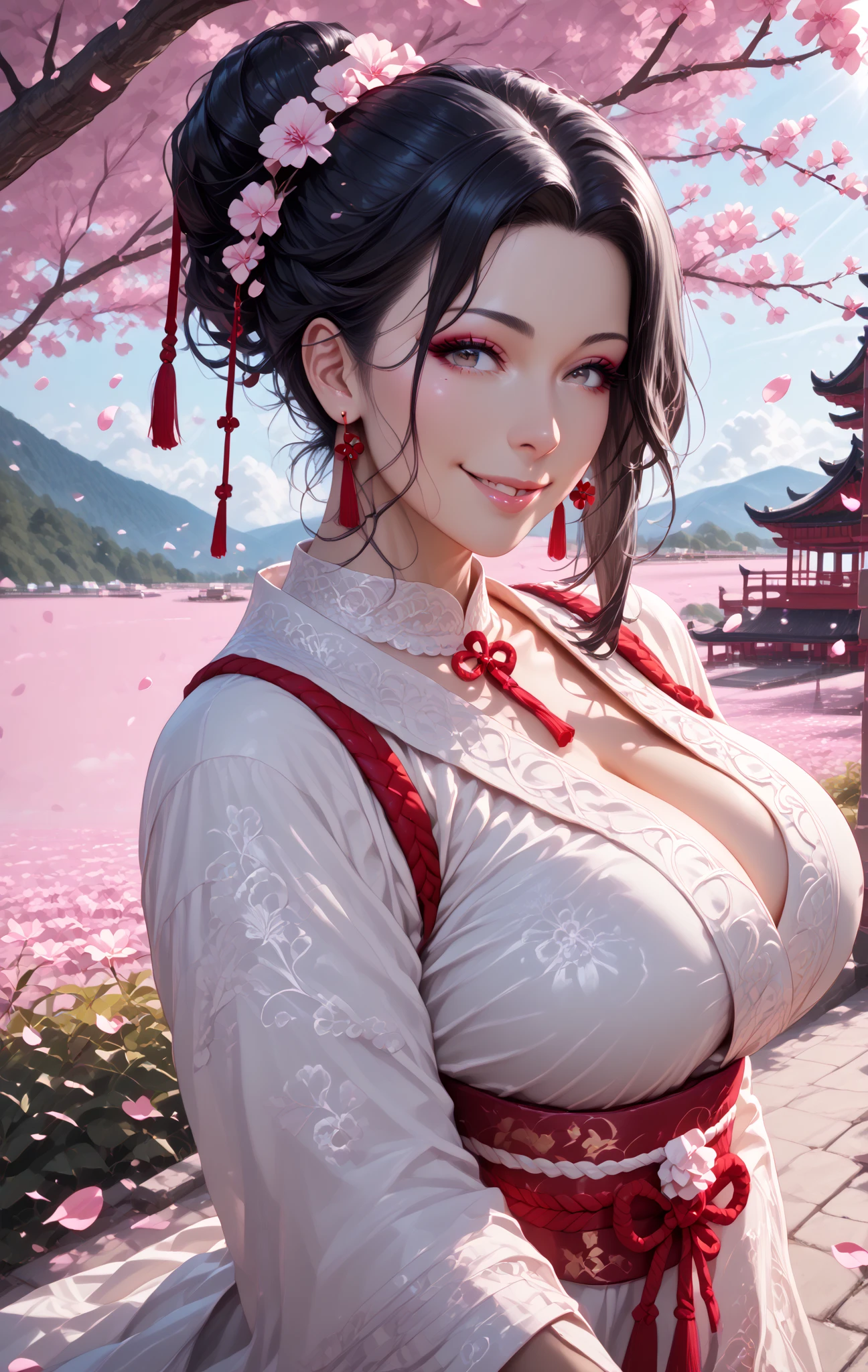 best quality, Meisterwerk,1girls, Mizu,(mid large breasts), Cowboy_Schuss,Chinesische Kleidung, schwarze Hose, (rotes Haar), Offizieller Stil, with cherry blossoms and a japanese garden in the background, hands free