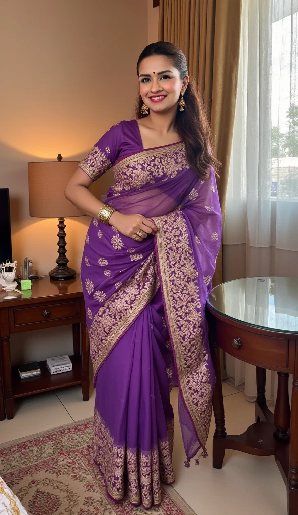 Day scene, A radiant, full-figured South Indian 3 aunty a light purple colour chiffon fully transparent kurta, bra visible through kurta, ,standing, in a office captured in a full-body image with vibrant hues and meticulous details. Full body image