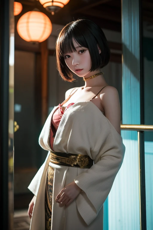 Realistic,A young and pure lady from a wealthy family, showering in the bathhouse. Slim waist, tall and bony, with a flat lower abdomen and a moist body.Black hair. Wearing a unbutton semi loose ultra-thin perspective silk bathrobe without any underwear.Not wearing clothes and underwear and bras.