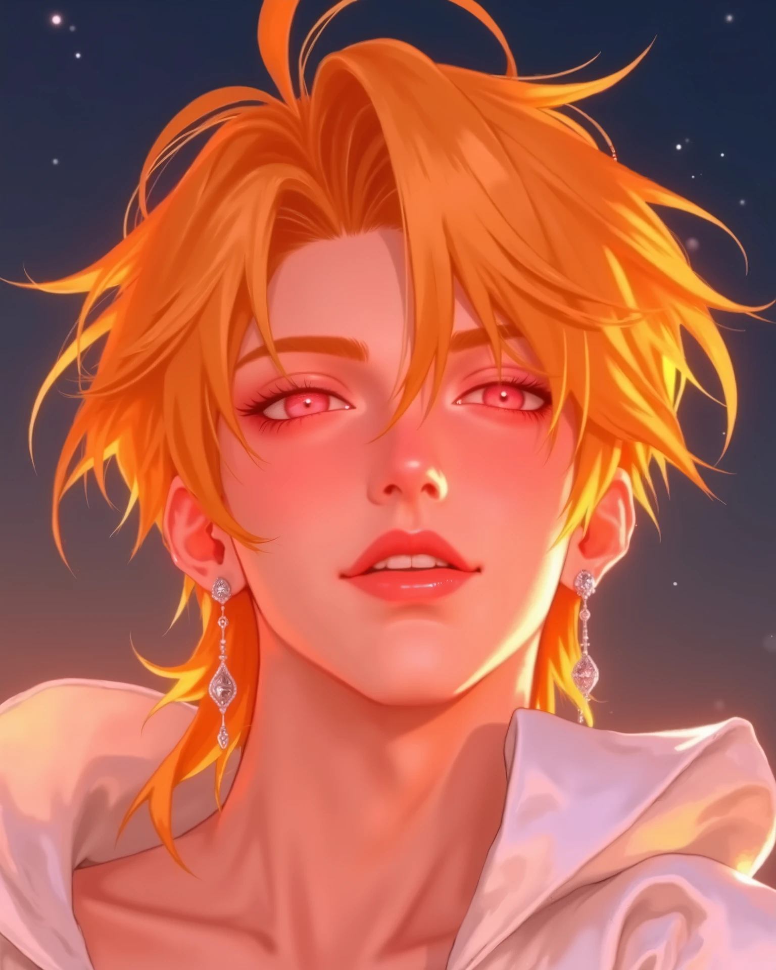 illustrations, Modern Art, cinematography,  fill the picture , 3D graphics, glowing light, the cinematic light effect, hair ornaments, back muscles, grins, Pink Eyes, red lips, big breasts, ear rings, long hair, orange hair, Tie side hair , is a messy hairstyle, precise, the best quality, HD display, I'm blushing, one girl, Jewelry, The fire princess blur the background, luster, lines of movement, Light reflections,  fill the picture , glowing light, anime style, Role design, 