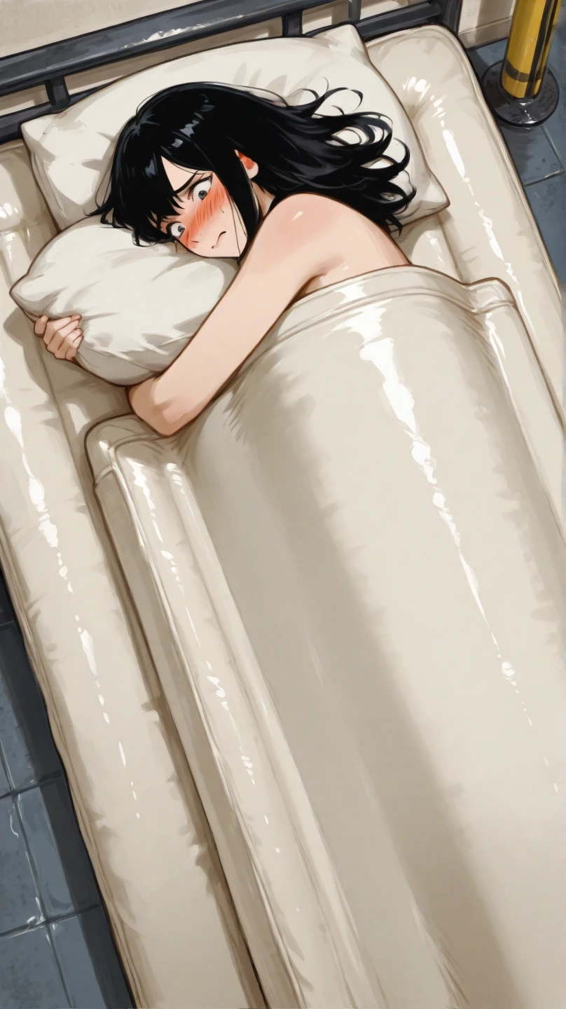8k, beautiful eyes, beautiful body, Good anatomy, young girl, black hair with blue strands, blue eyes, full body view, 1-girl, Extremely detailed, bangs, short hair, breasts, barefoot, looking_at_viewer, sexually suggestive, nude,naked, sitting, squatting, ((nsfw)), shy smile, sexy poses, soles, beautiful feet, toes, ((very sexy girl)), ((sexy body)), ((from below)).
