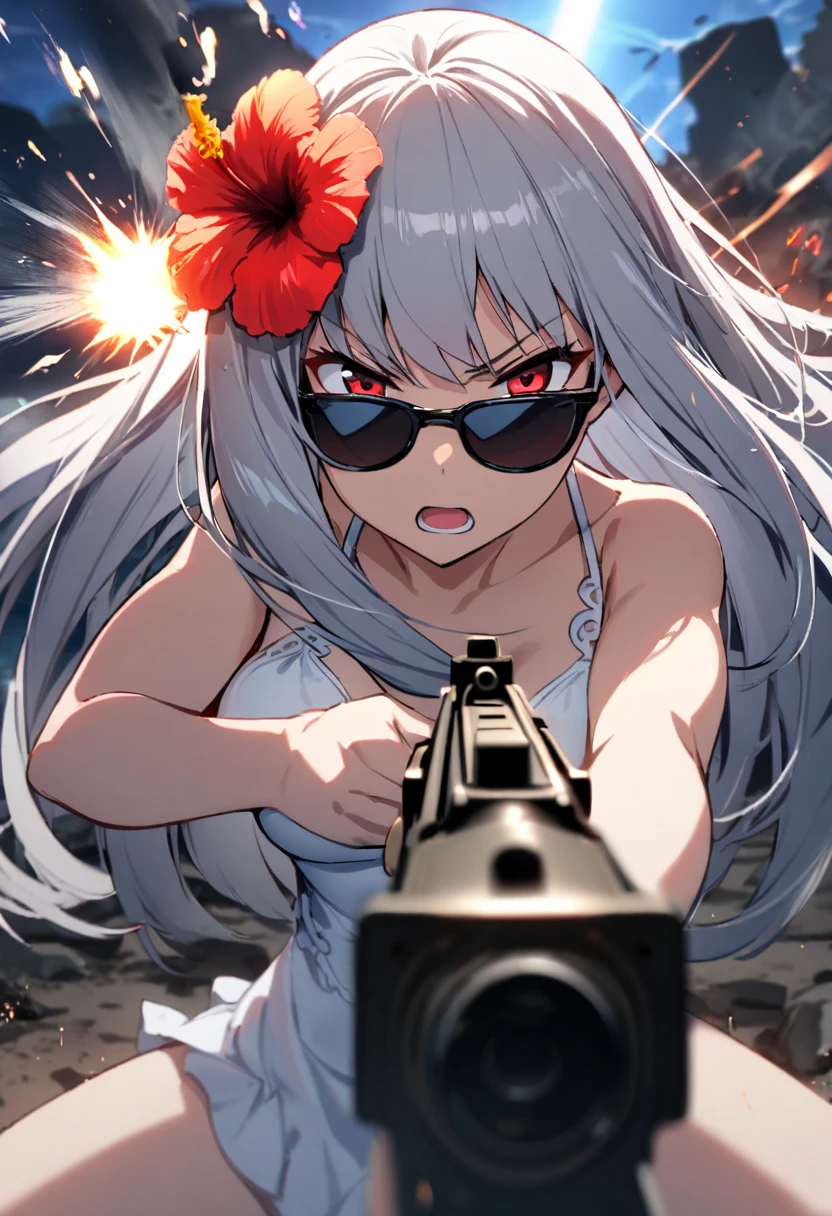 high-key and low-variance brightness scale,soft light,realistic light and shadow,light and dark interlaced,(aiming at viewer:1.4),looking at viewer,dramatic angle,(solo:1.6)
(masterpiece),(best quality),(highres),(by famous artist),(((official art))),(by Paul Hedley),(illustration),
1girl,(frieren),(elf:1.4),fashionable female
(small breasts:1.3),(underboob:1.5),(whole body),(round face),(pointy ears),(slim legs),(skinny body),(detailed beautiful face),lustrous skin,shiny skin,(articulated fingers),(sweat:1.6),navel,midriff,thick lips
(white tank top:1.4),(thong:1.4),(frayed denim shorts),(white socks),(sport shoes),(off shoulders),(belly chain),belt,hair ornament,heart-shaped earrings,silver bracelet,black choker
indoor,(clothing store:1.4),(multiple clothes),small items on display,various accessories,jewelry,earrings,makeup,collarbone necklace,headpiece,
((naughty face)),blush,((standing)),(pointing pistol:1.4),
(sunglasses:1.2),(green eyes)
(white hair),long hair,twintails,parted bangs,(reflective hair),