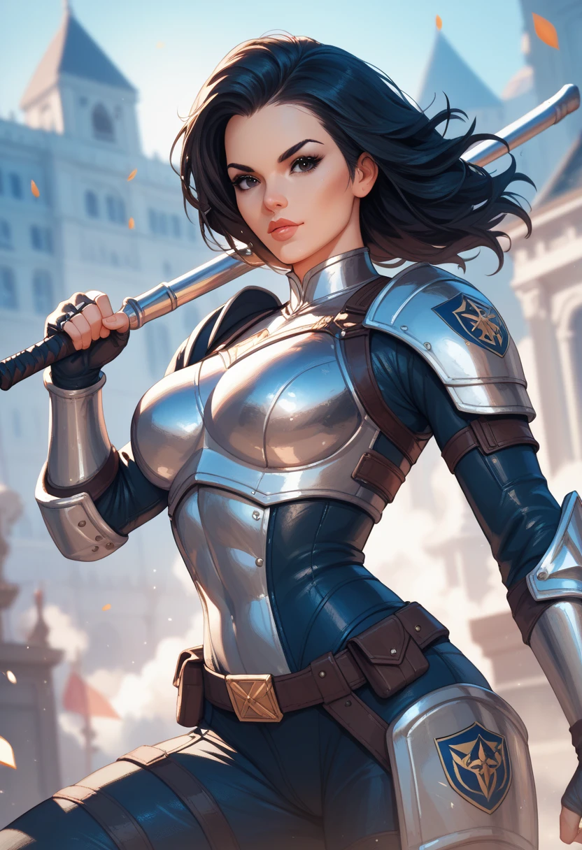 pharah, medieval steel cuirass, authorative pose, green grass field, medieval castle in background, <lora:pharahOverwatchLORA_v1:0.7>, best quality, high-definition, CG