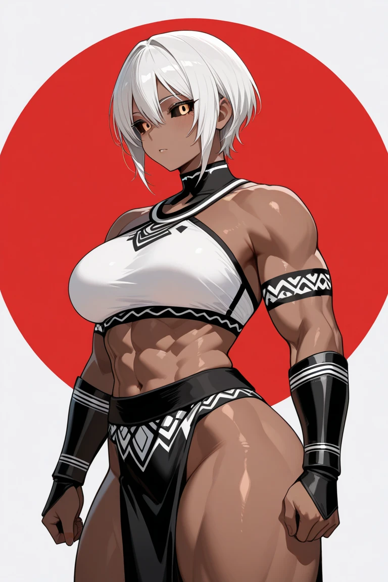 1girl solo, mature farmale (((dark skin)))), bimbo, hourglass, masterpiece, super high quality, beautiful, very detailed,16K, exquisite, High resolution, Beautiful background, Beautiful eyes, Beautiful skin, anime style, anger, chiseled muscular female bodybuilder, (((muscular girl, toned body, big muscles, muscular:1.3))), (((very, huge breasts))), with delicate features and serene expressions. Your hair could be long and white, perhaps with subtle Red highlights to add a mysterious touch. Your eyes could be intense and piercing, vibrant color a long dress in dark colors, with subtle lace details Choice of colors such as black, ((red purple)), sensual woman, background random but is free área