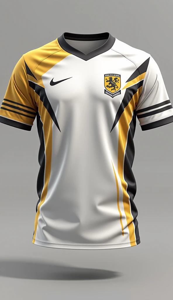 Create a white volleyball uniform shirt with gold side details and writing. Small emblem on top of left chest and large emblem on back
