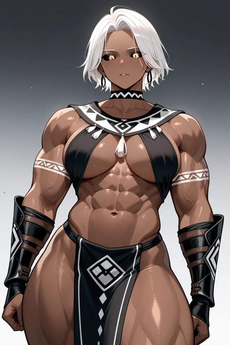 ((1woman)) whole body, standing, gray skin, drow, elf, 1 girl, maduro, purple eyes, by white, black bikini, ABS, Large knockers, tattered rags, chain collar, stomach tattoo (red tattoo)