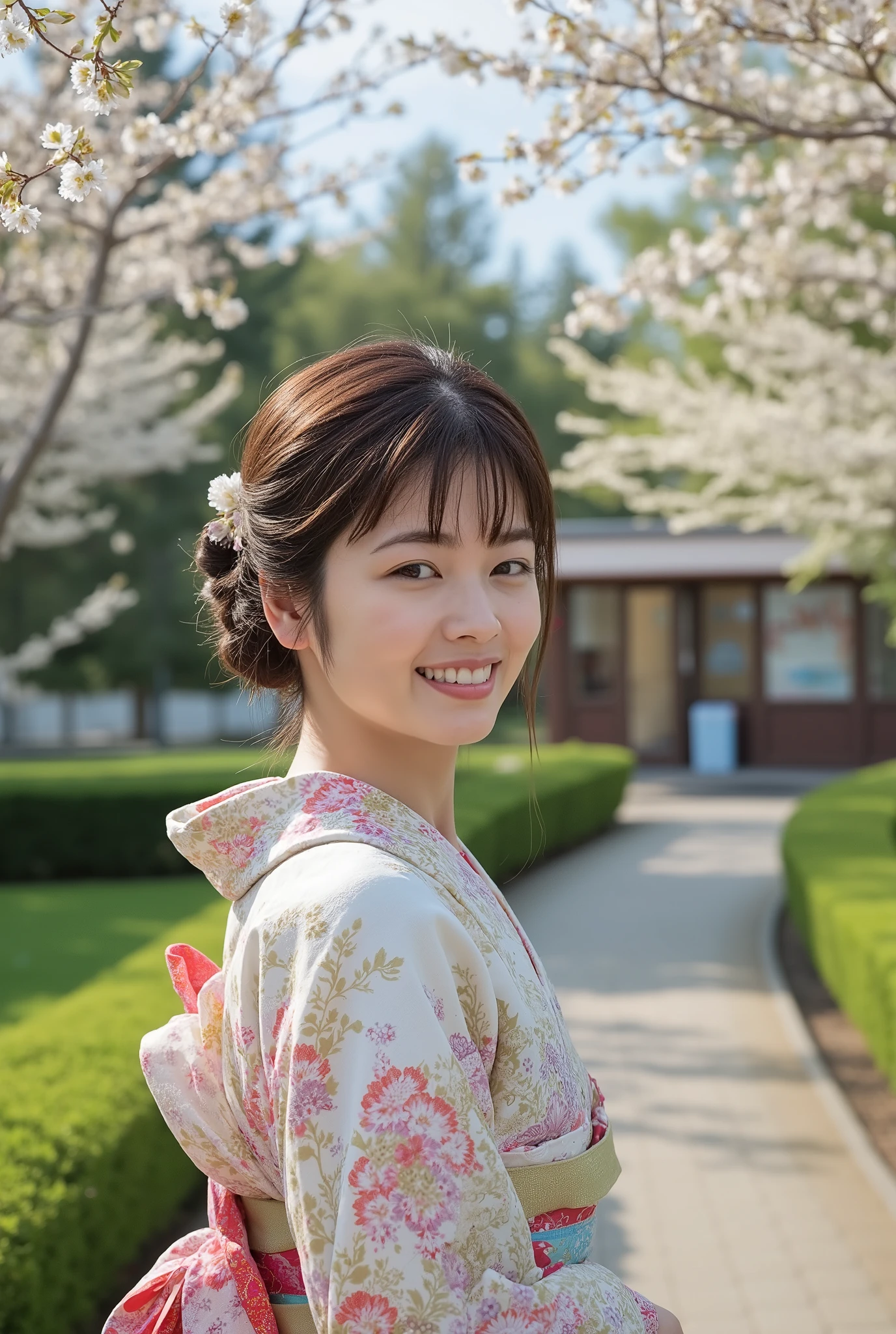 high quality photos, beautiful Japanese woman in a well-cleared park, wearing a Japanese kimono, Smiling and showing teeth, looking back at the drugstore