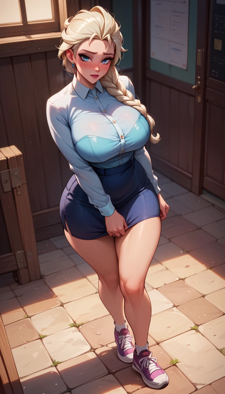 An extremely beautiful stunning voluptuous woman, with gold blonde long silky hair, big blue oceanic eyes, extremely super bright snow white fair stunning flawless glowing lush shiny white complexion and flawless skin, a perfect tight hourglass figure, and skinny waist, sexy thick smooth luscious legs and thighs, wearing a short sexy tight revealing white floral full-sleeve dress along with a blue sash on the waist, a brown off-shoulder sweater, yellow heels, gold necklace on the neck, gold anklets on feet, gold chain on the waist, standing straight, extremely cute smile on the face, bright pink blushes on cheeks, holding a pink purse, kids park in background, show full body from head to feet.